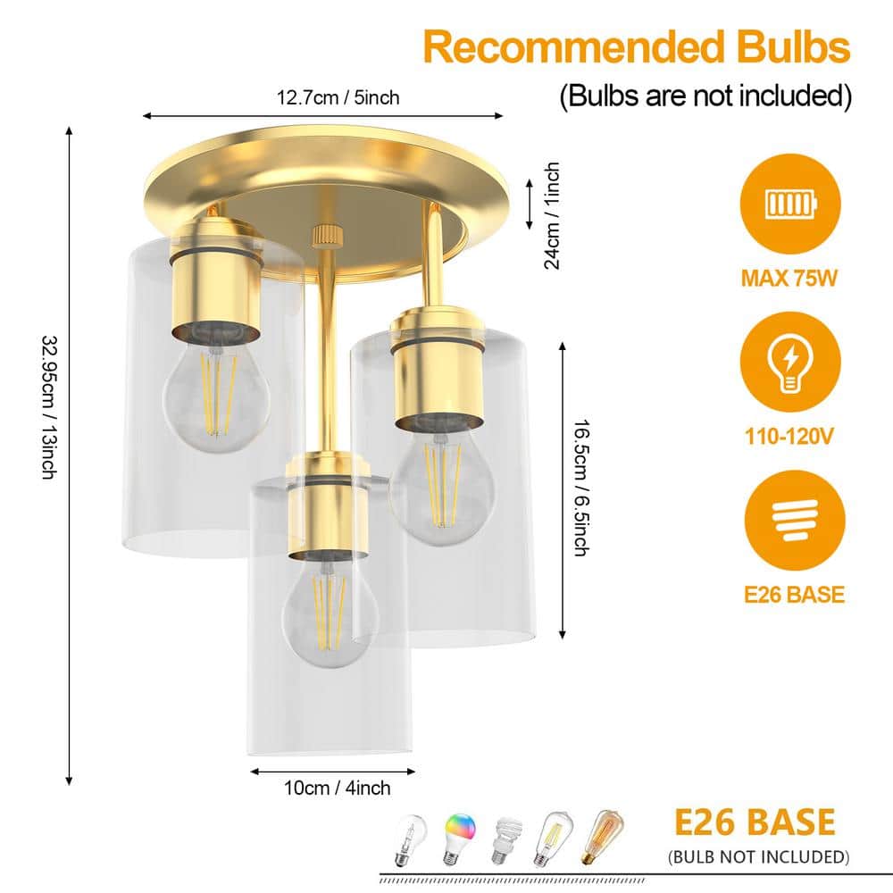 3-Light Kitchen Light Fixtures Semi Flush Mount Ceiling Light Fixture for Hallway Entryway Gold, Not Bulbs Included - Hercitys