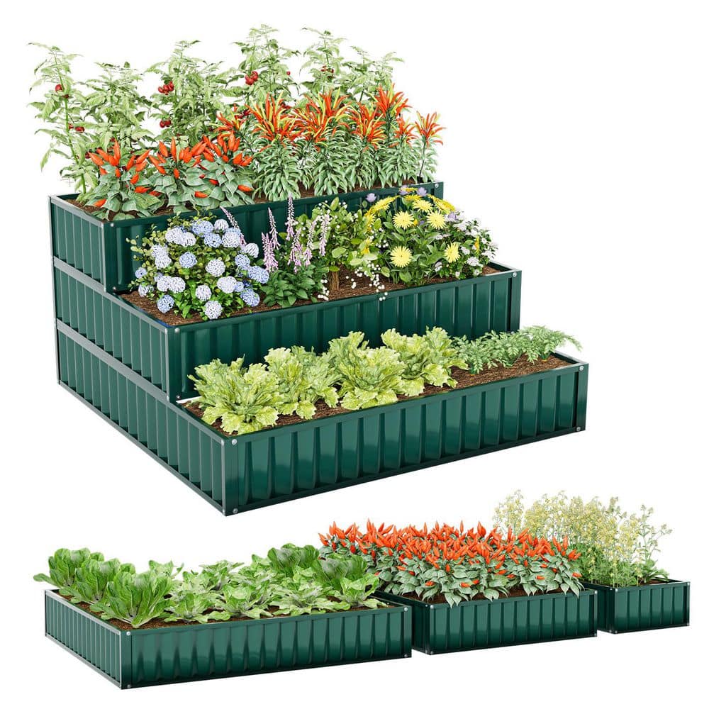 47 in. Open-Base Rust-Resistant Metal Garden Raised Bed Planter Box for Vegetables Flowers, Green - Hercitys