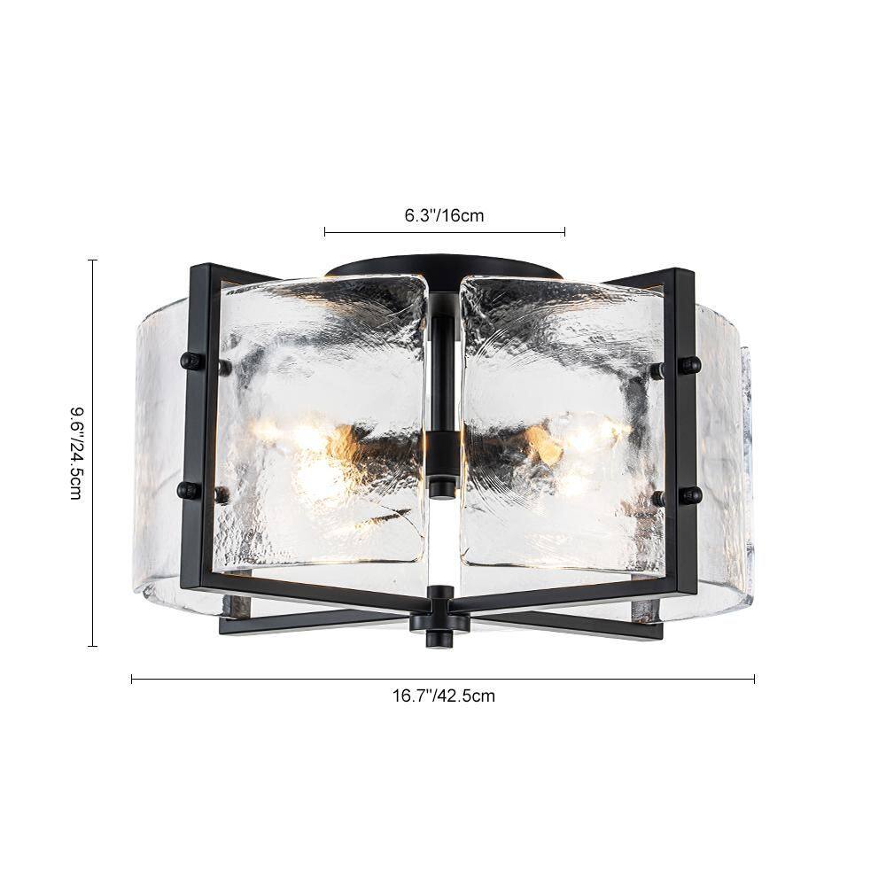 16.73 In. 4-Light Matte Black Modern Ceiling Light Semi-Flush Mount Fixture With Curved Textured Glass Shade - Hercitys
