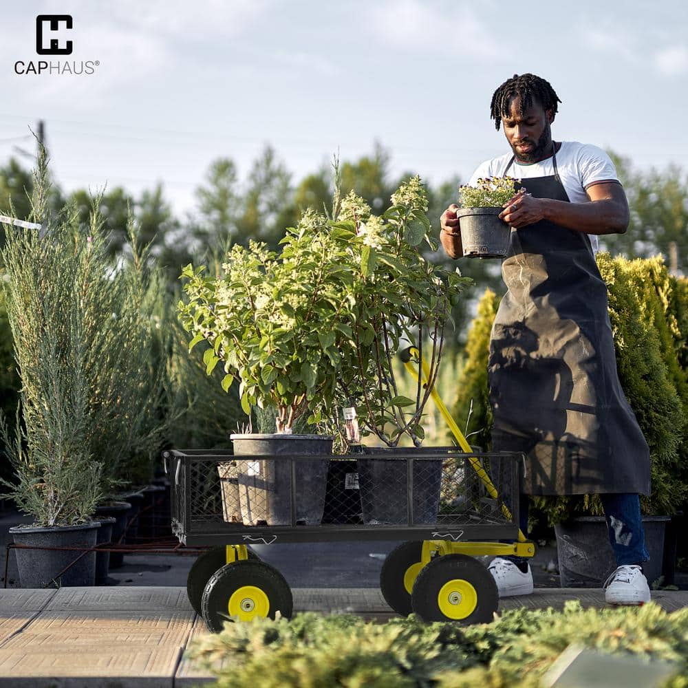 4 cu. ft. Metal Black Garden Cart, W/180° Adjustable Yellow Handle, W/Mat and Strap, Heavy-Duty 880 lbs. Capacity - Hercitys