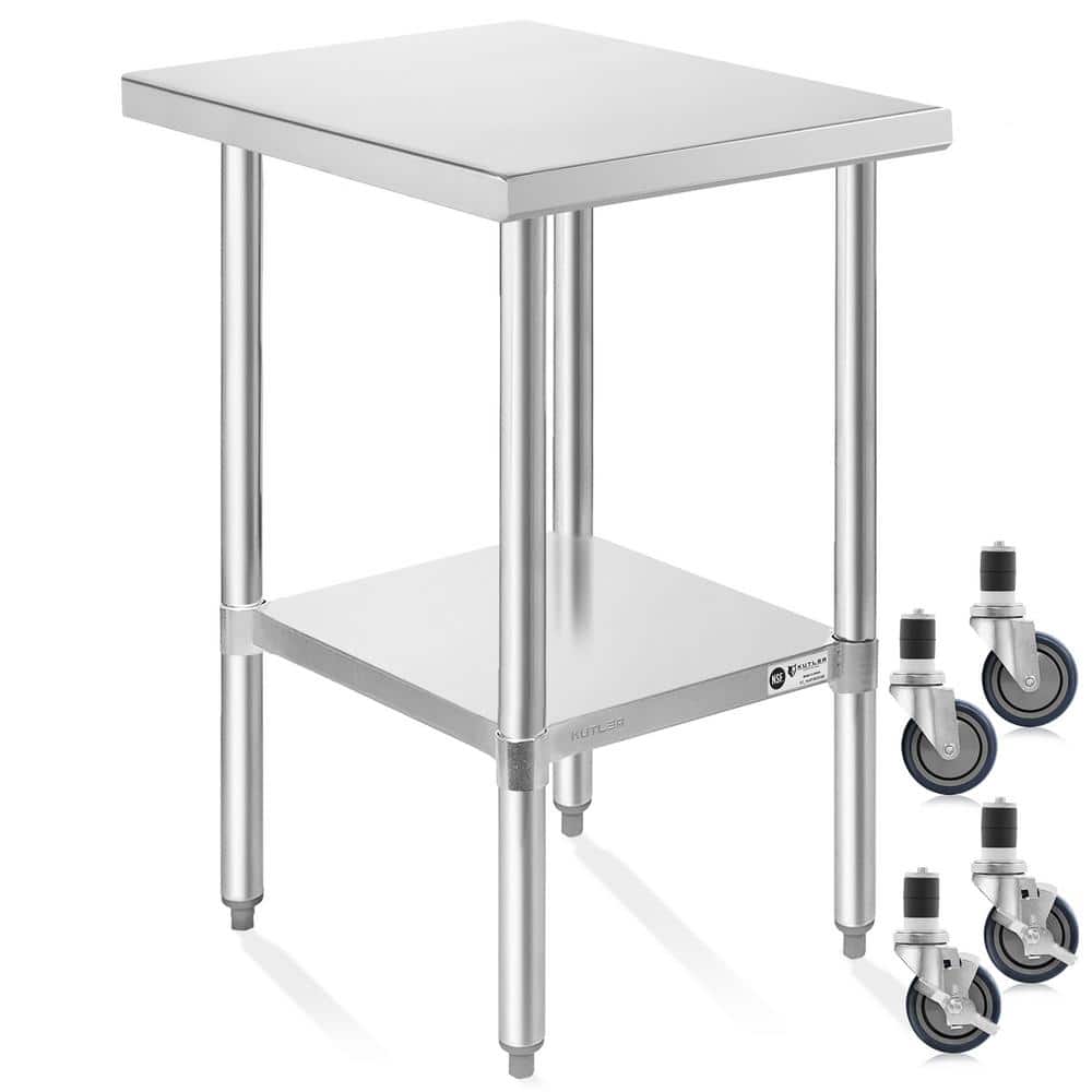 30 in. x 18 in. Stainless Steel Kitchen Prep Table with Bottom Shelf and Casters - Hercitys