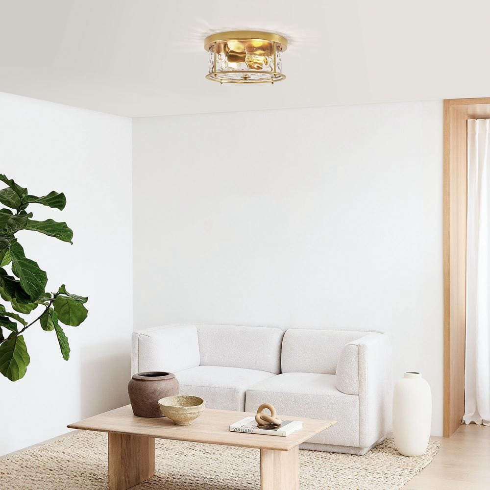 12.5 in. 2-Light Gold Flush Mount Water Ripple Glass Ceiling Light with Metal Frame - Hercitys