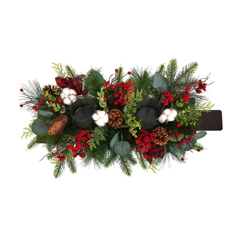 24 in. Unlit Holiday Berries, Pinecones and Eucalyptus Christmas Artificial Arrangement Cutting Board Table Arrangement - Hercitys