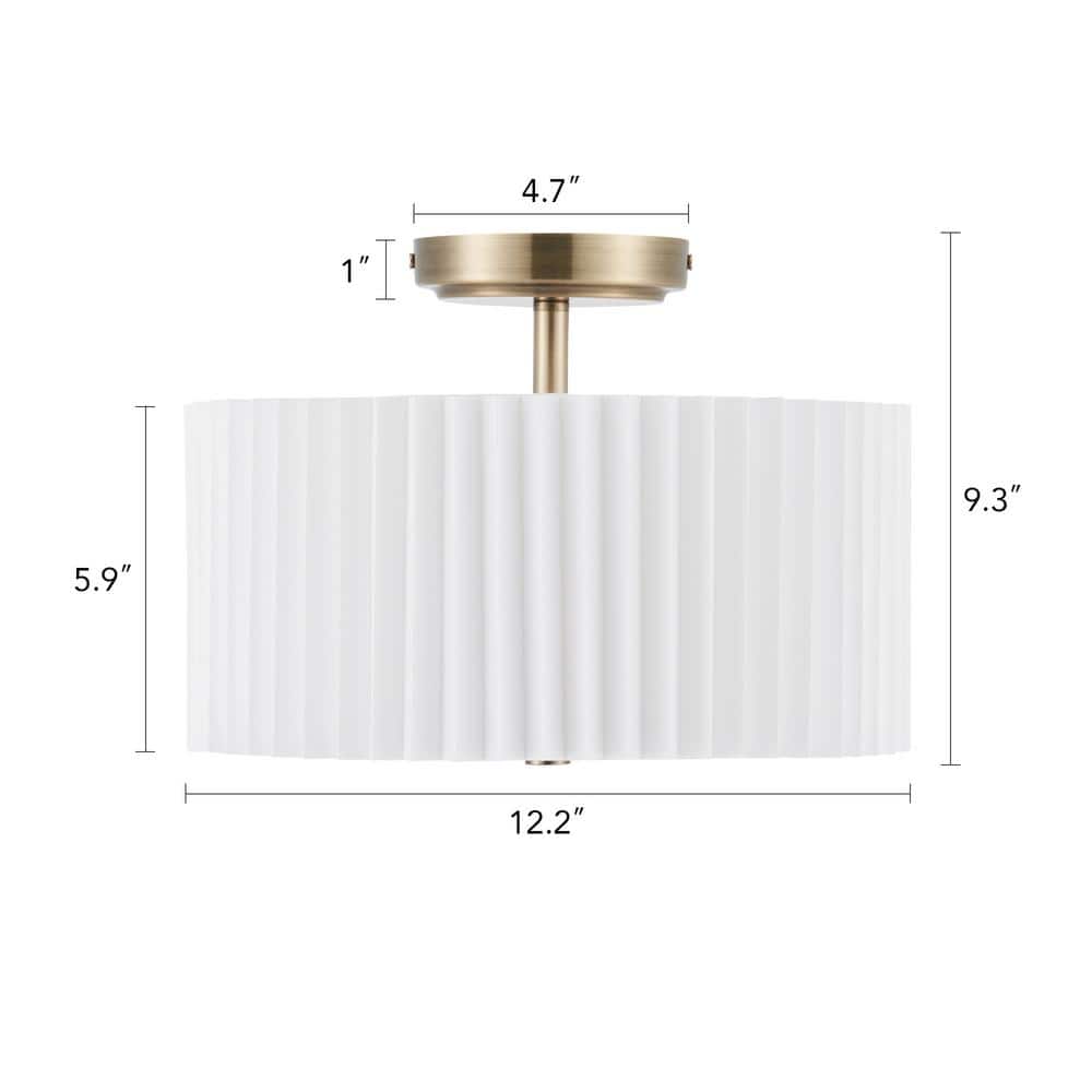 13 in. 2-Light Gold Semi Flush Mount with Pleated Drum Shade - Hercitys