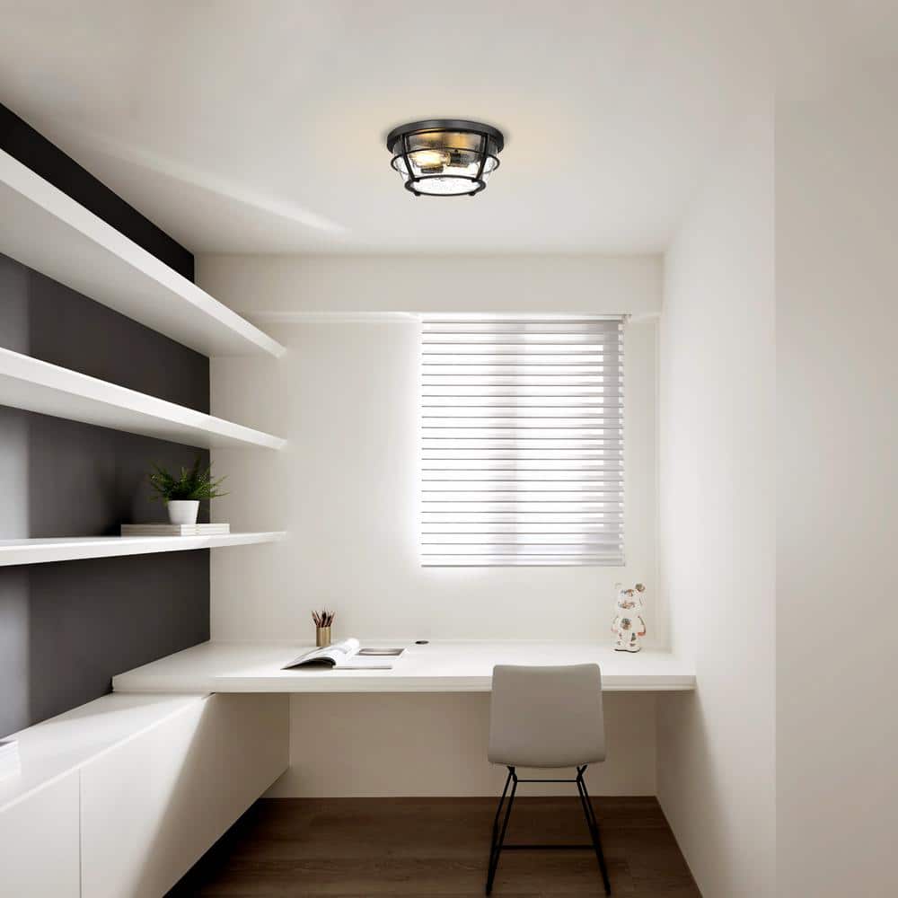 12.8 in. 2-Light Matte Black Barreled Cage Flush Mount Ceiling Light - Hercitys