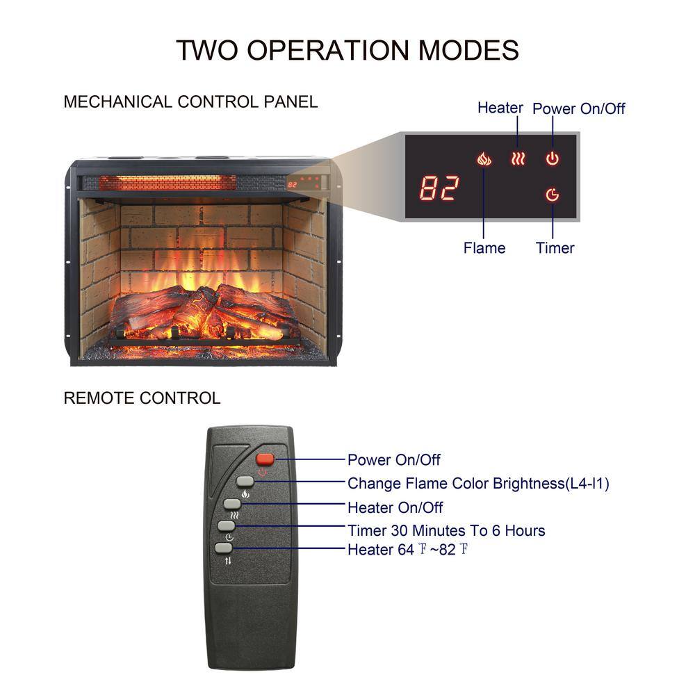 24 in. Wall Mount Electric Fireplace Insert in Black with Tempered Glass, Brick - Hercitys