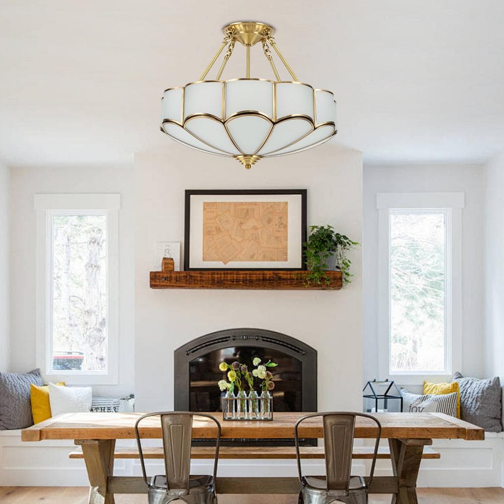 17.7 in. 4-Light Gold Vintage Semi-Flush Mount Ceiling Light with Glass Shade for Bedroom Living Room, No Bulbs Included - Hercitys