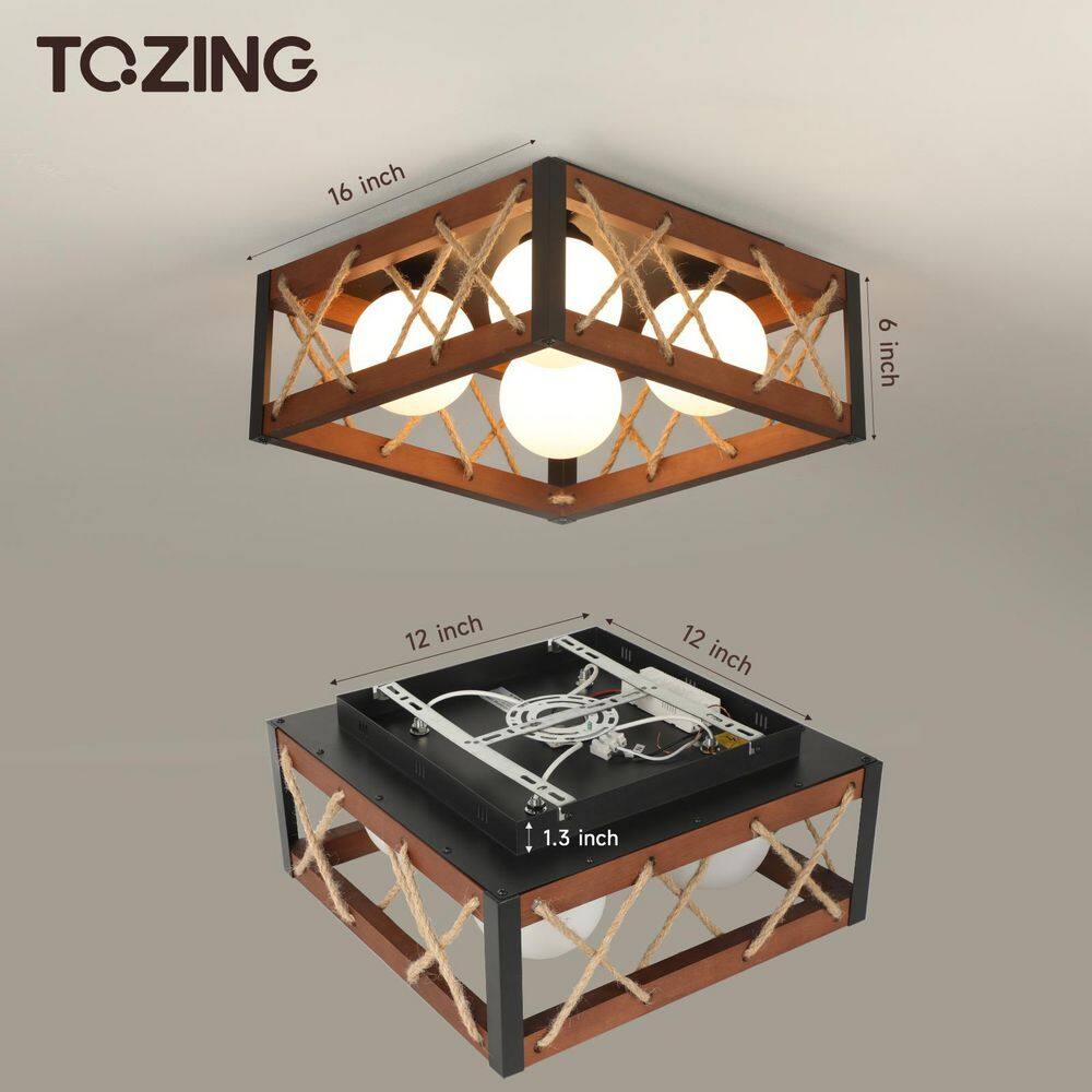 16 in. 25-Watt Farmhouse Rustic Square Wood Dimmable LED Flush Mount Ceiling Light with Acrylic Shatterproof Shade - Hercitys