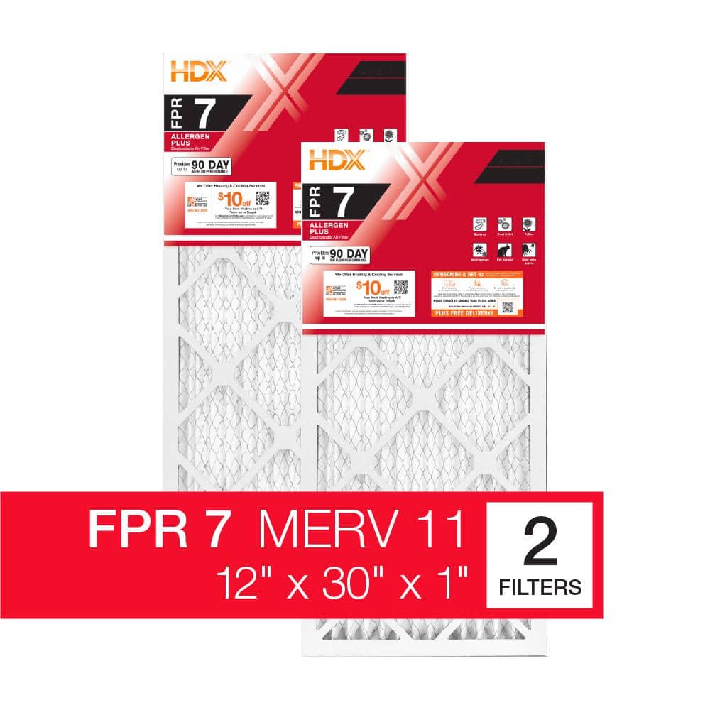 12 in. x 30 in. x 1 in. Allergen Plus Pleated Air Filter FPR 7, MERV 11 (2-Pack) - Hercitys