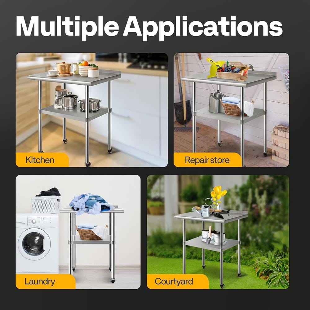 24 x 18 in. Stainless Steel Kitchen Utility Table with Backsplash and Wheels - Hercitys