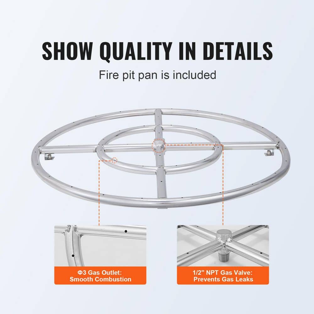 24 in. Round Drop-in Fire Pit Pan, Stainless Steel Fire Pit Burner, Natural & Propane Gas Fire Pan 92,000 BTU - Hercitys