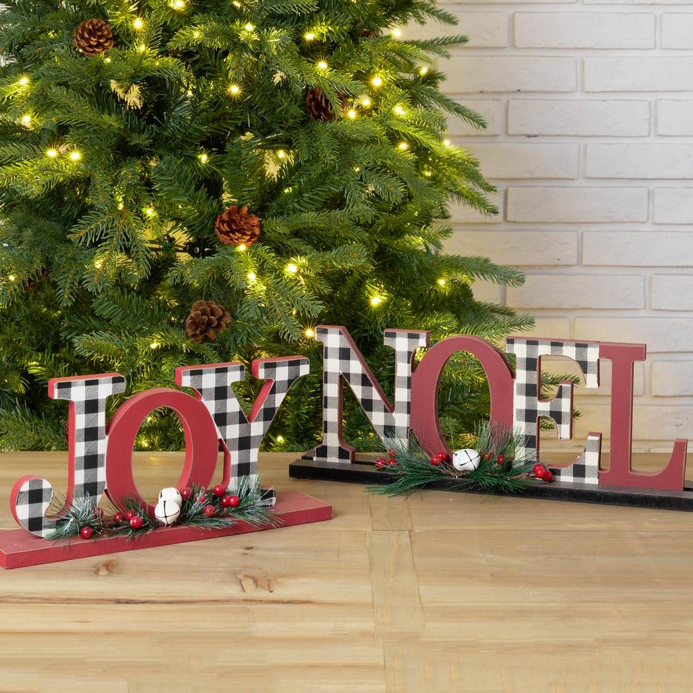5.91 in. H Christmas Wooden Plaid JOY and Noel Tabletop Decor (Set of 2) - Hercitys