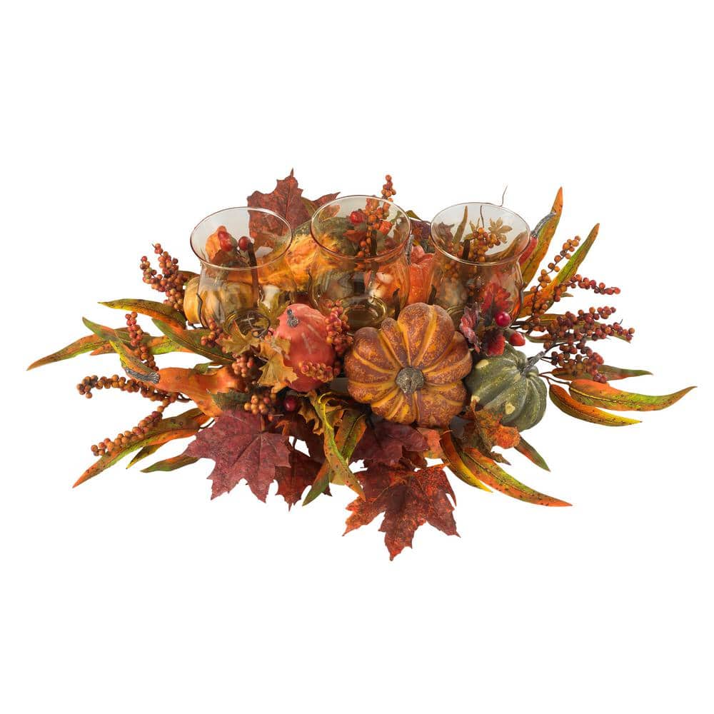 30 in. Harvest Triple Candelabrum and Artificial Foliage Table Arrangement - Hercitys