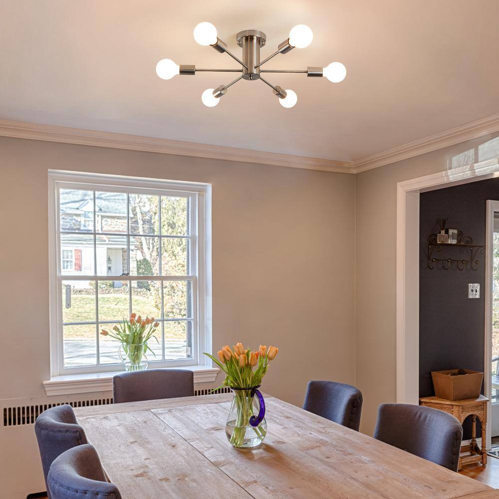 21.84 in. 6-Light Nickel Sputnik Transitional Flush Mount Ceiling Lights - Hercitys