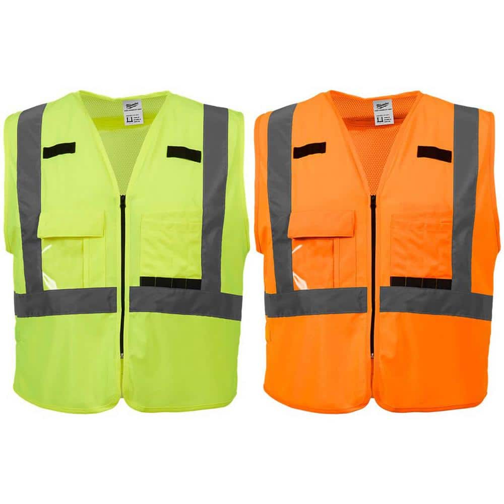 2X-Large/3X-Large Orange and Yellow Class 2-High Visibility Safety Vest with 10 Pockets (2-Pack) - Hercitys
