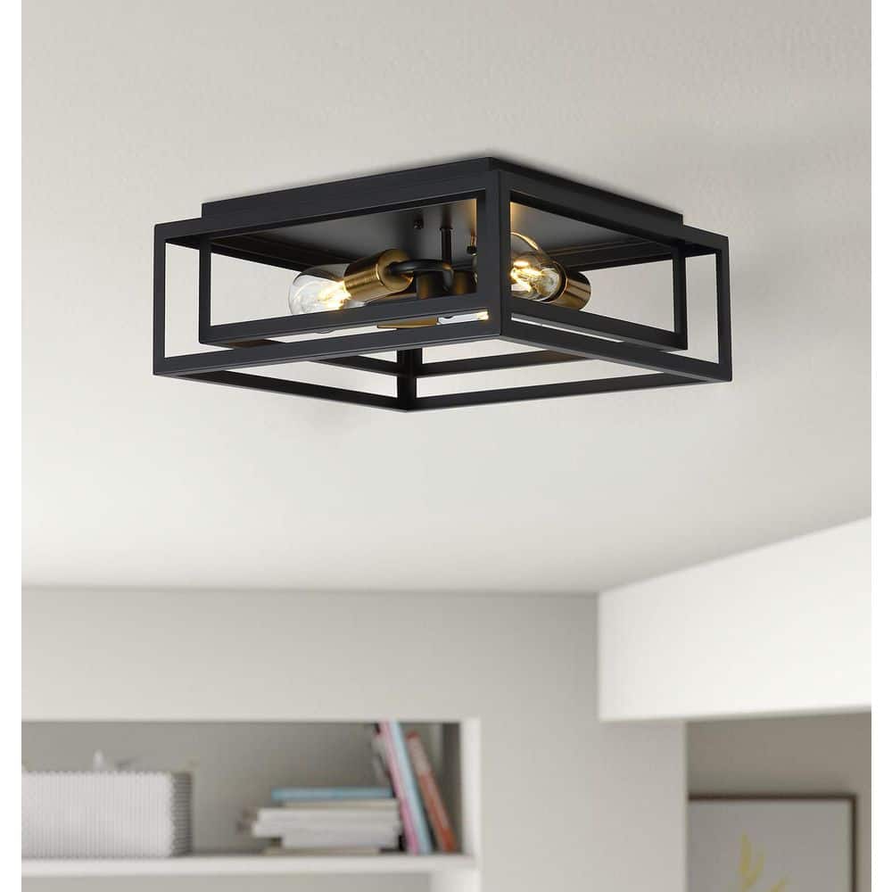 15.4 in. 3-Light Black Farmhouse Caged Square Flush Mount Industrial Vintage Ceiling Lighting - Hercitys