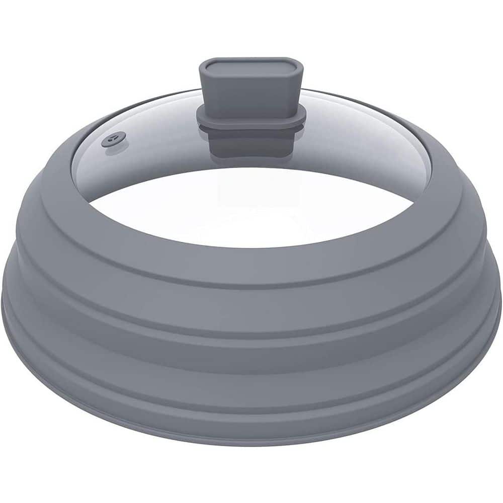 11.8 in. Light Grey Glass Microwave Splatter Guard Lid with Collapsible Silicone for Food Pot Plate Cover - Hercitys