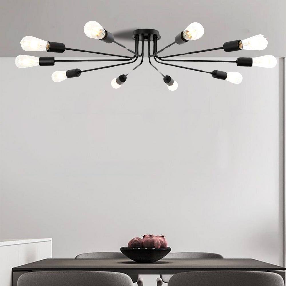 44.48 in. 10-Light Black Sputnik Chandelier Black Ceiling Light Semi- Flush Mount Light Ceiling Lamp - Hercitys