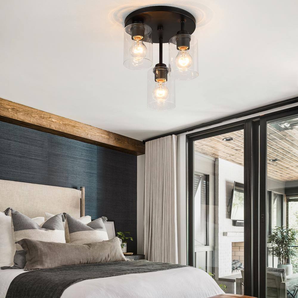 11 in. 3-Light Modern Black Flush Mount Ceiling Light with Clear Glass Shades - Hercitys