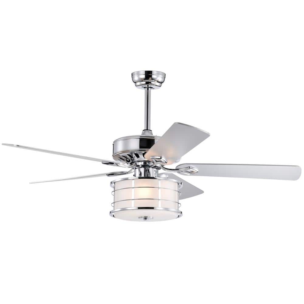 52 in. Indoor Chrome Ceiling Fan with Drum Lampshade, 2-Color-Option Blades and Remote Included - Hercitys