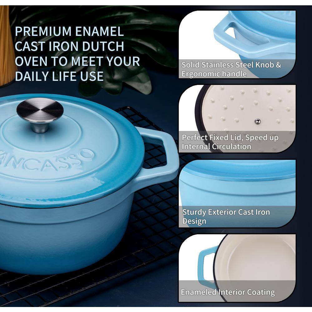 5 qt. Non-Stick Cast Iron Round Dutch Oven in Light Blue with Lid - Hercitys