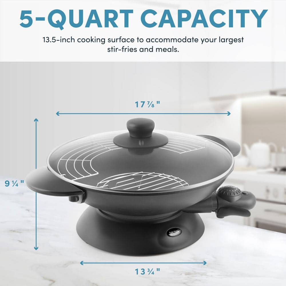 5 Qt. Black Cast Metal Non-Stick Electric Wok with Lid - Hercitys