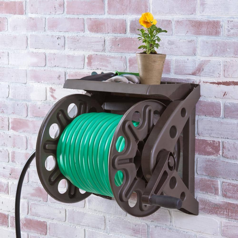 200 ft.  Bronze Resin With Shelf Wall Mounted Garden Hose Reel - Hercitys
