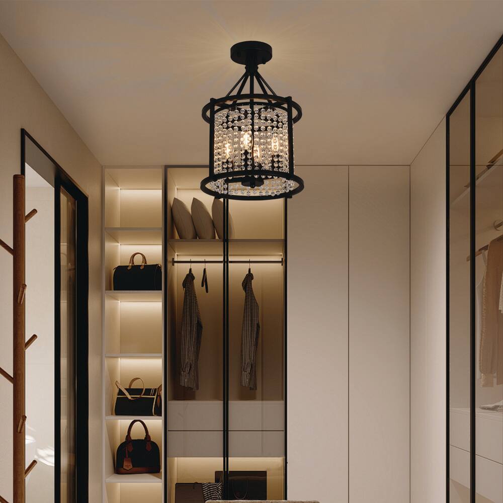 11.8 in. 4-Light Modern Black Lantern Semi-Flush Mount with Crystal Teardrop Pendant Shade - Hercitys