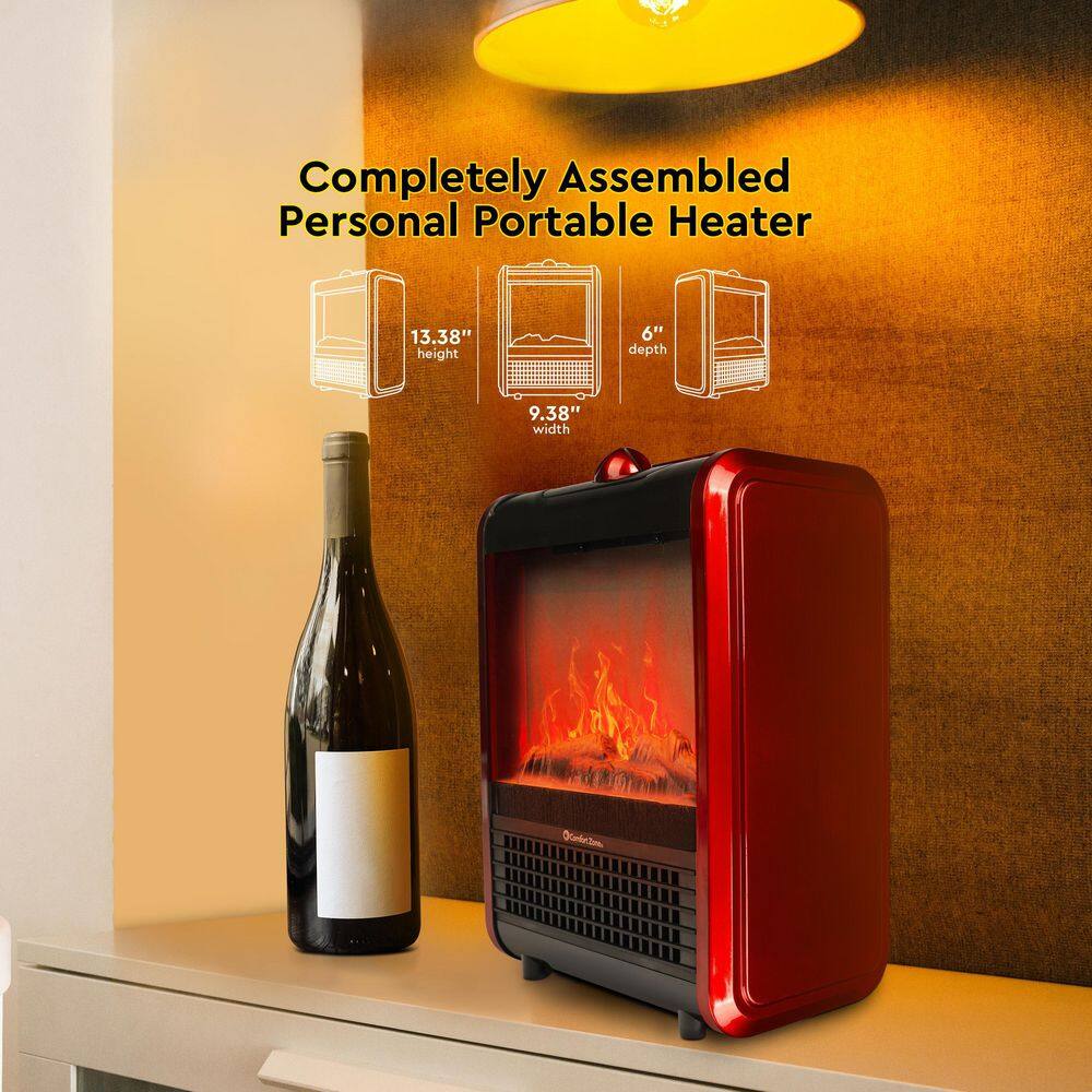 1,200-Watt Mini Ceramic Fireplace Electric Heater with Simulated Flame in Red - Hercitys