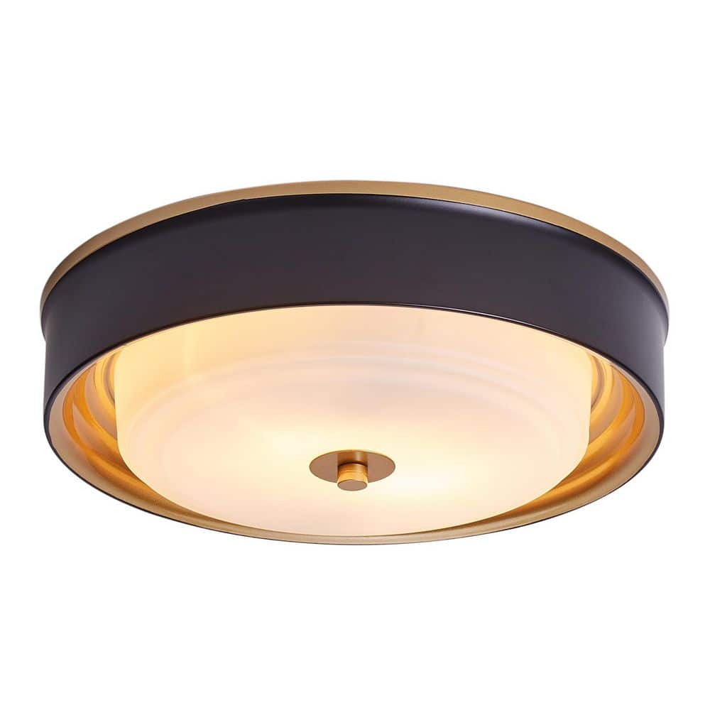 13.2 in. 2-Light Black Flush Mount Ceiling Light with Drum White Glass Shade - Hercitys