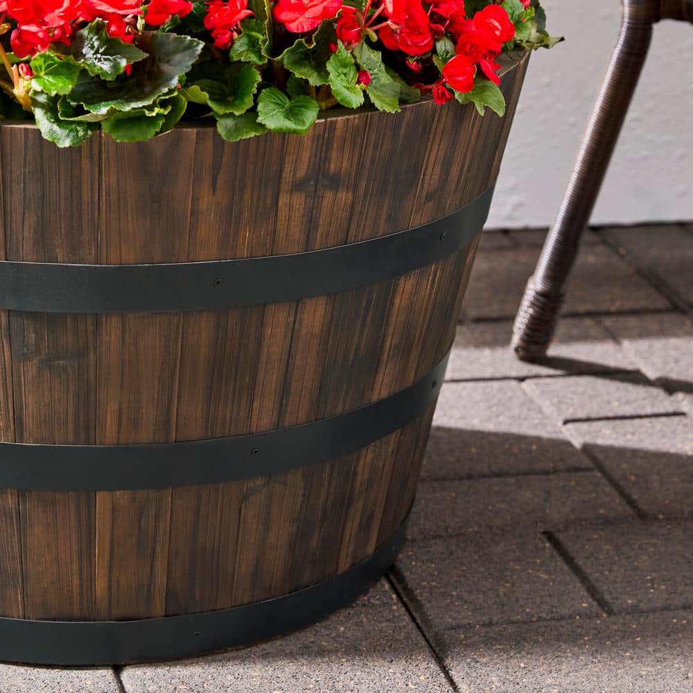 26 in. Jackson Extra Large Brown Wood Barrel Planter (26 in. D x 16.5 in. H) with Drainage Hole - Hercitys