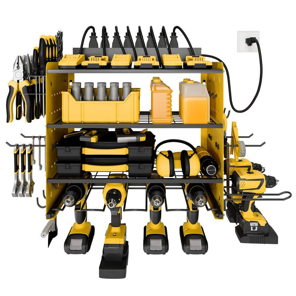 16 .6 in. Modular Power Tool Organizer with Charging Station, 150 lbs. Wall Mount Garage with hooks, Yellow - Hercitys