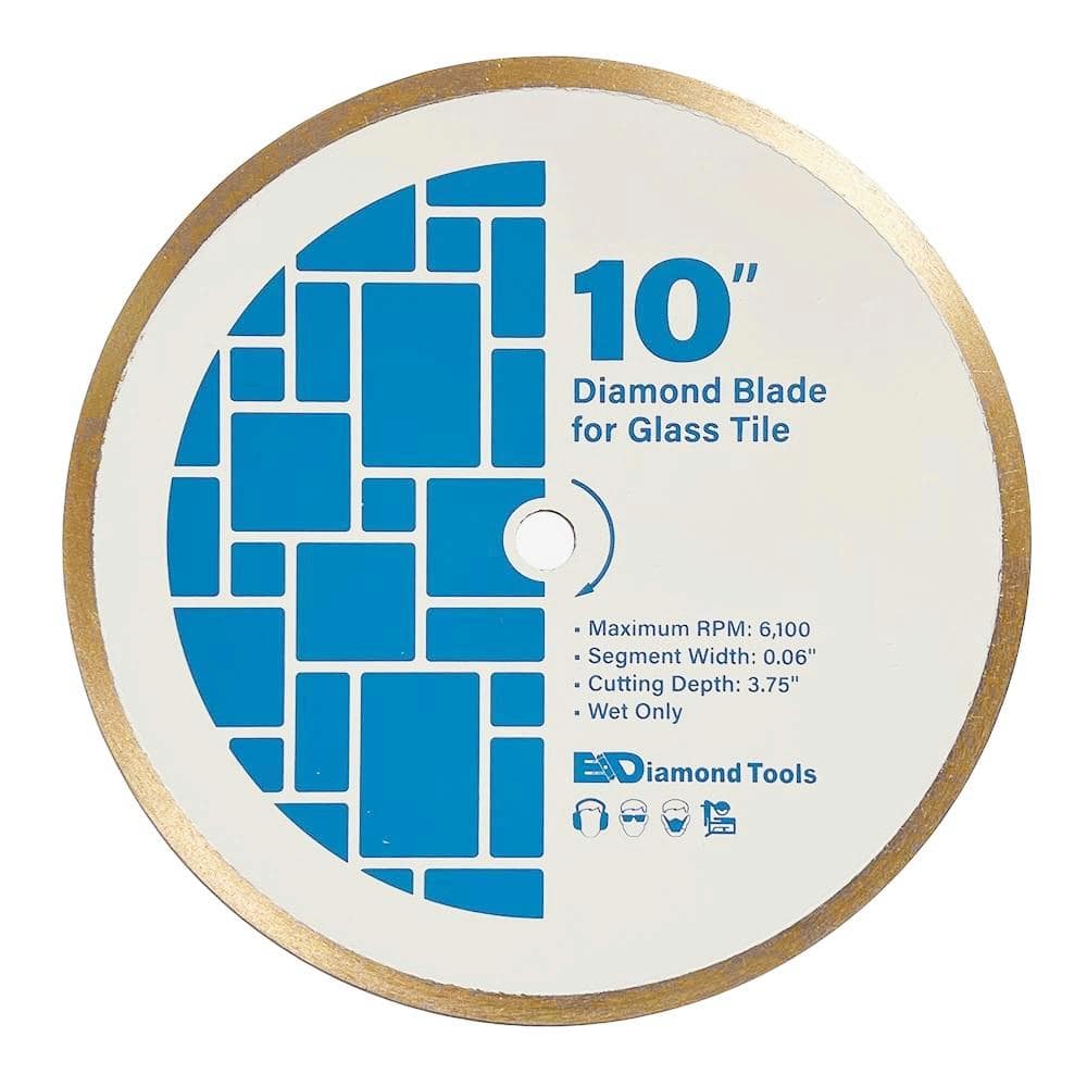 10 in. Glass Mosaic Tile Diamond Saw Blade, Continuous Rim, 3.75 in. Cutting Depth, 5/8 in. Arbor - Hercitys