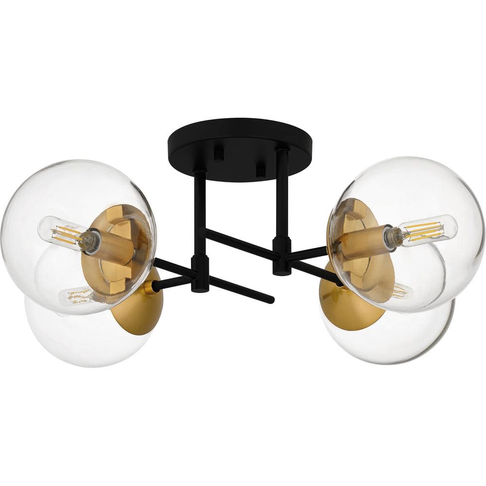 21.88 in. 4-Light Matte Black and Nouveau Gold Semi-Flush Mount with Clear Glass Shades - Hercitys