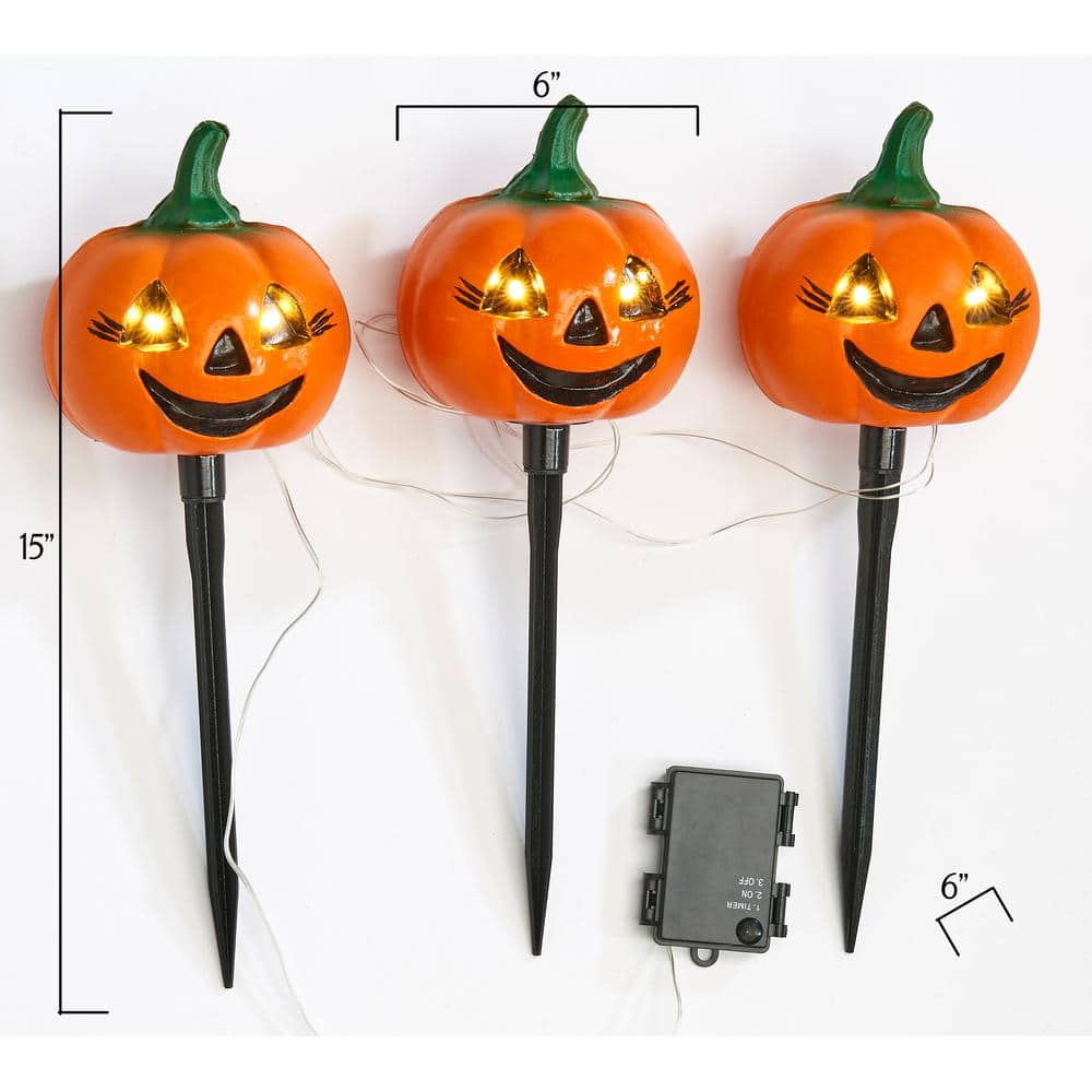15 in. Light Up Pumpkin Yard Stake with Timer (3-Pack) - Hercitys