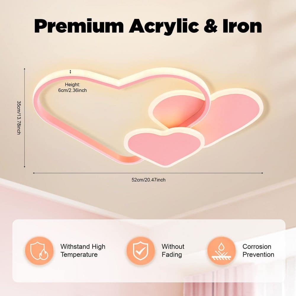 20.47 in. 1-Light Pink Modern Heart-Shaped Selectable LED Semi-Flush Mount Ceiling Light with Remote Control - Hercitys