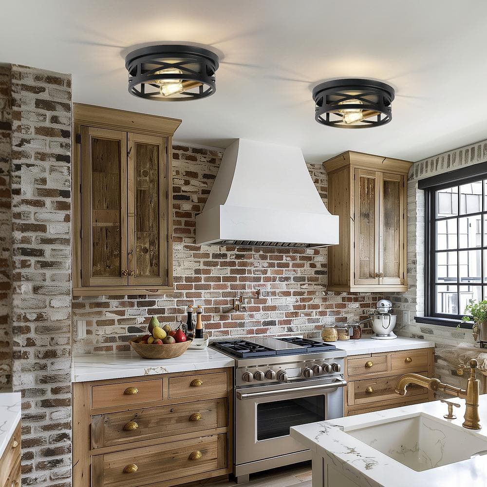 10.6 in. 2-Light Black Flush Mount Ceiling Light with Copper Accents,for Foyer Corridor No Bulbs Included (2-Pack) - Hercitys