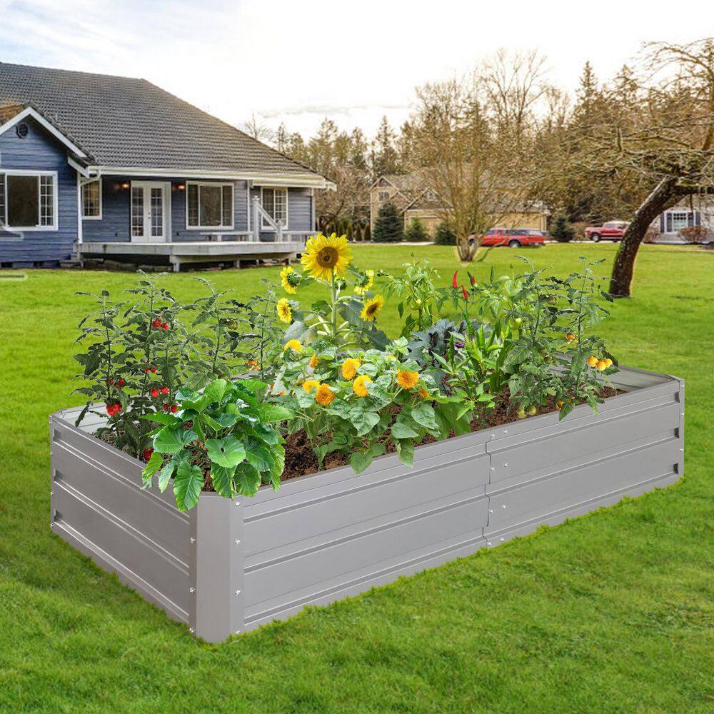 2-Set 6 x 3 x 1 ft. Outdoor Extra Large Capacity Grey Metal Raised Garden Bed Steel Planter Boxes Herbs Vegetable Flower - Hercitys