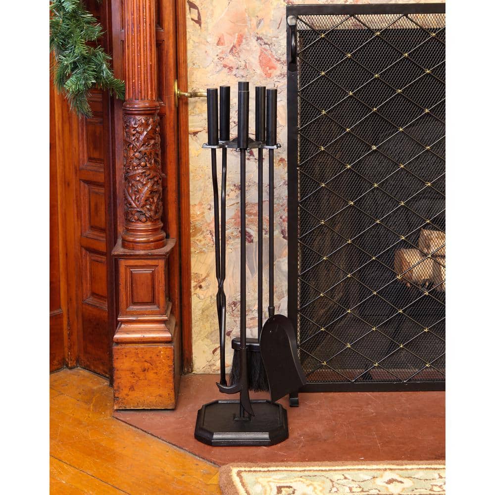 29.5 in. Tall 5-Piece Black Neoclassic Fireplace Tool Set with Square Base - Hercitys