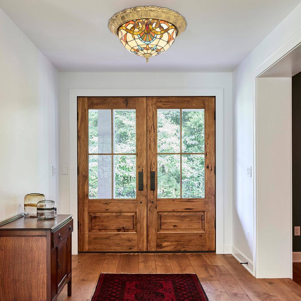 20.47 in. 36-Watt Gold European LED Flush Mount Ceiling Light with Stained Glass Shade - Hercitys