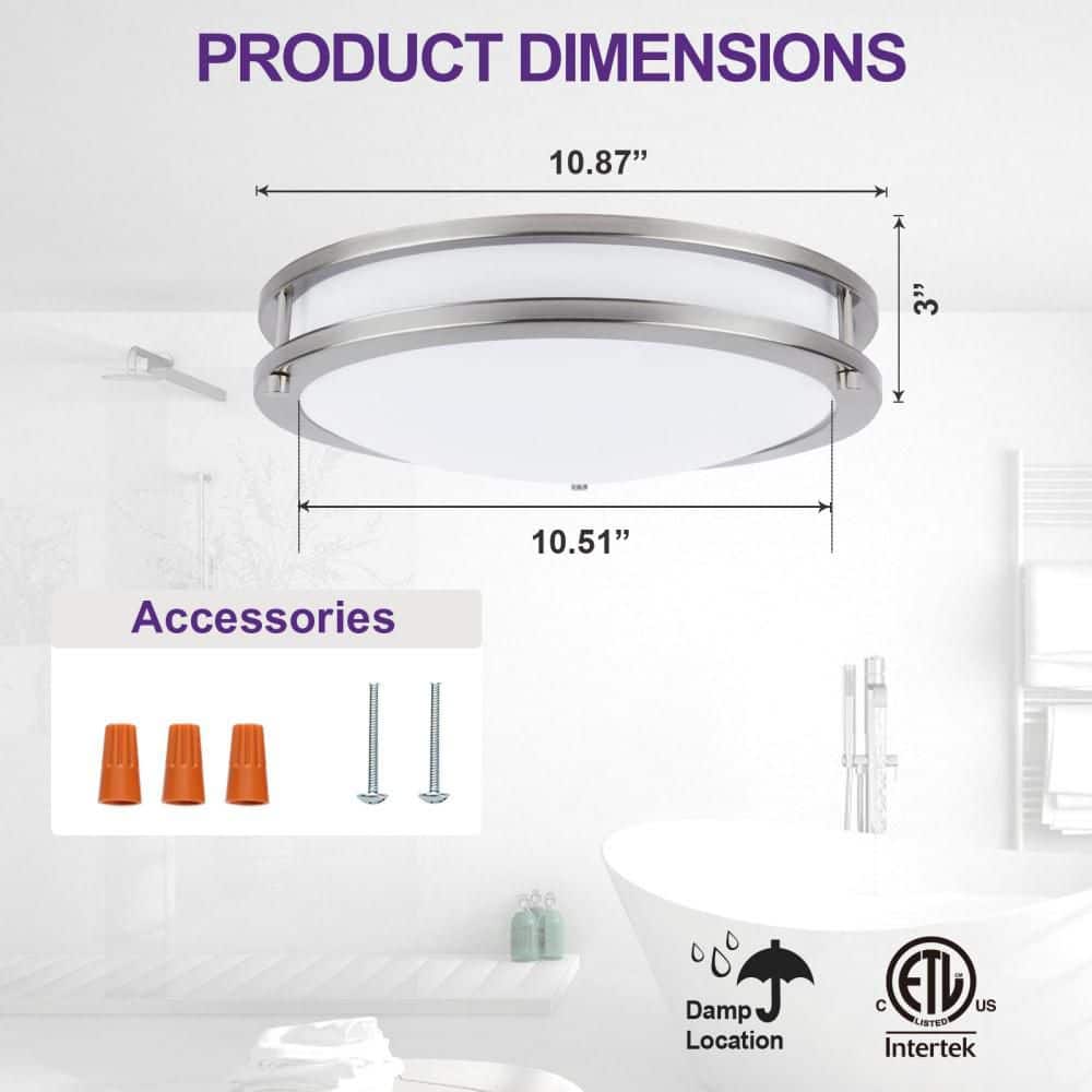 12in. Brushed Nickel Dimmable Integrated LED Flush Mount Light 15W 1000 Lumens Ceiling Light 2700-5000K - Hercitys