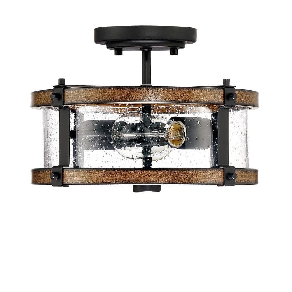 12.2 in. W. 2-Light Semi Flush Mount with Matte Black, Barnwood Accents and Seeded Glass Shade - Hercitys