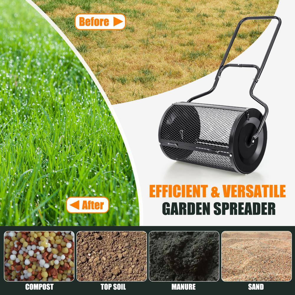 24 in. 2.7 cu. ft. Capacity Handheld Metal Mesh Peat Moss Spreader with Upgrade Side Latches and U-Shape Handle in Black - Hercitys