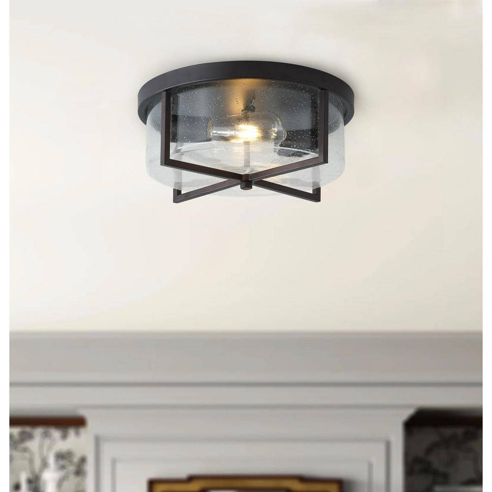11.8 in. 2-Light Farmhouse Flush Mount Ceiling Light Fixture with Seeded Glass Shade - Hercitys