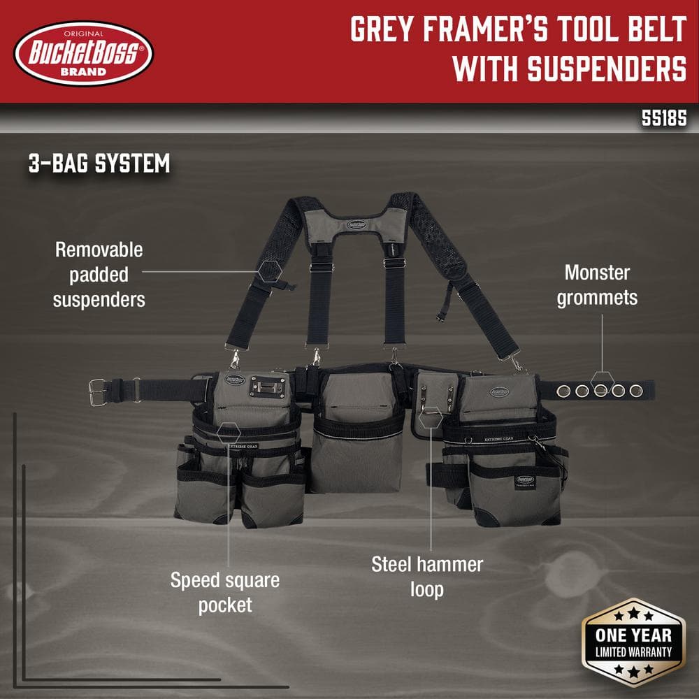 3-Bag Framer’s Suspension Rig Work Tool Belt with Suspenders in Gray - Hercitys