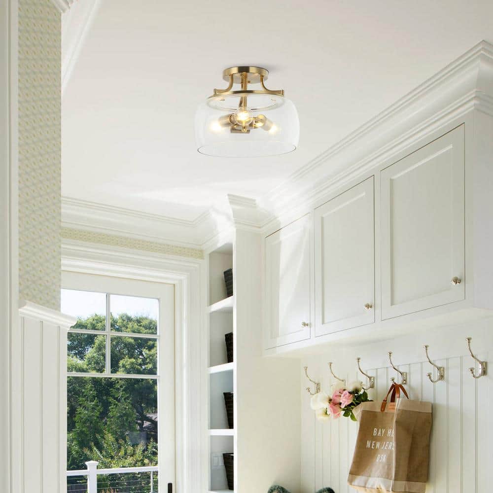 13 in. 3-Light Brass Gold Semi-Flush Mount Ceiling Light Fixture with Clear Glass Shade - Hercitys