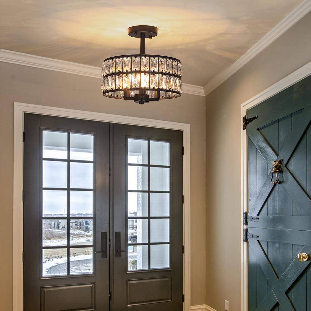 12.59 in. Koyal 3-Light Round Black Drum Chandelier Semi Flush Mount Ceiling Light with Clear Crystal Glass Drum Shade - Hercitys