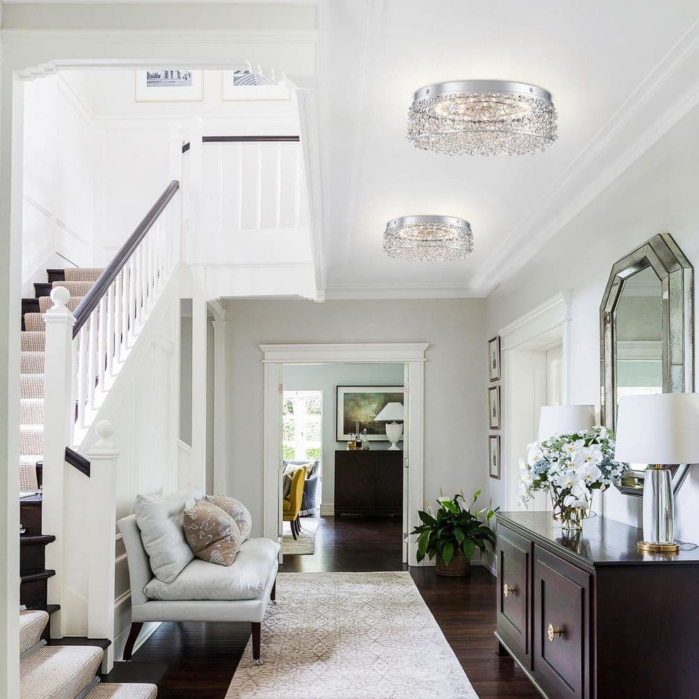 14.17 in. 20-Watt Modern Chrome Metal Round Integrated LED Flush Mount Ceiling Light with Beaded Drum Crystal Shade - Hercitys