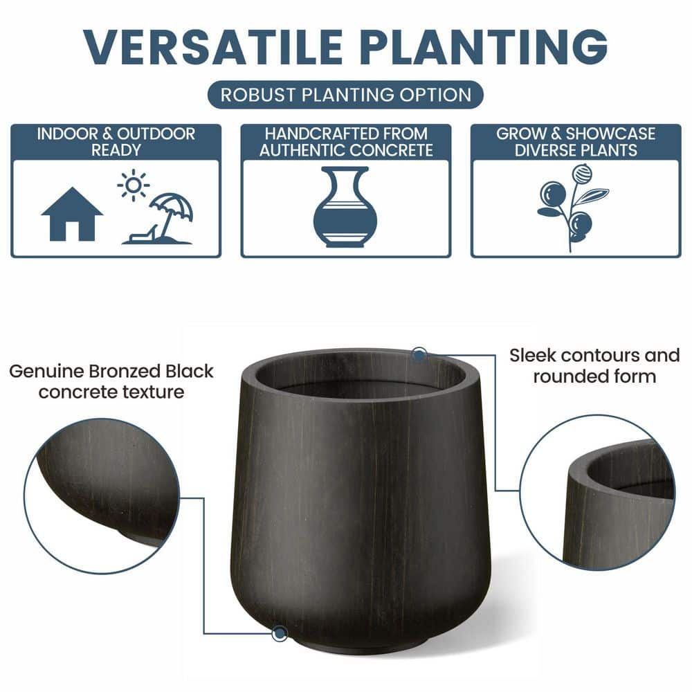 13 in. Medium Bronzed Black Concrete Round Planter / Pot with Drainage Holes - Hercitys