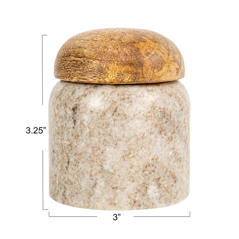 3 in. x 3.25 in. Beige Modern Marble Canister with Wood Lid - Hercitys